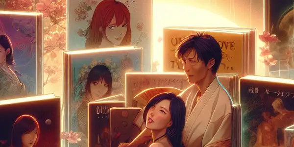 A modern digital interface showcasing a library of erotic literature and films with vibrant visuals and intimate ambiance.