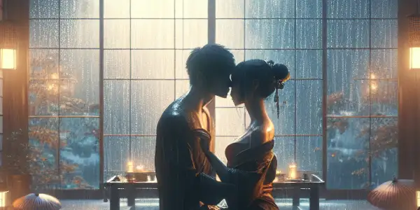 A romantic couple shares an intimate moment in a dimly lit Japanese room on a rainy day.