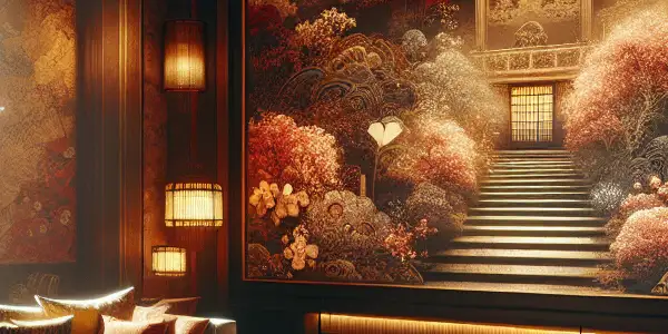 An intimate, dimly lit room exuding sensuality, featuring abstract film reels and glimpses of erotic storytelling.