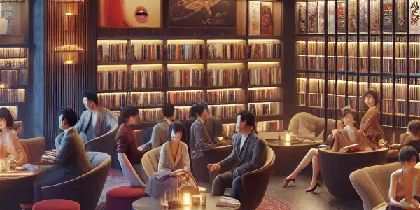 A cozy lounge filled with diverse people discussing adult literature and Japanese AV cinema amidst warm, inviting decor.