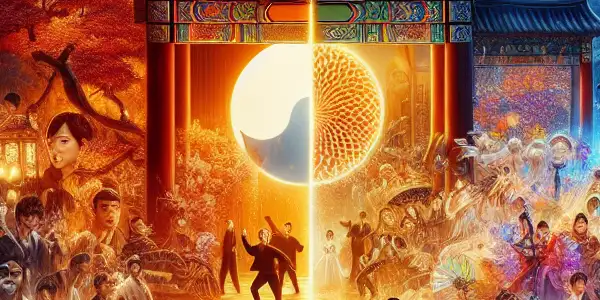 A split scene contrasting a sophisticated Korean film set with a vibrant Japanese AV environment, highlighting cultural differences.