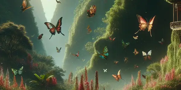 A serene landscape with lush valleys, vibrant flowers, delicate butterflies, and a tranquil water feature.