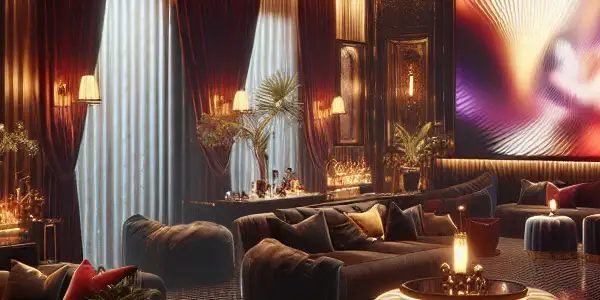 A luxurious, dimly lit room with plush furnishings, a large screen displaying adult films, and an inviting bar area.