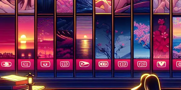 A modern digital interface showcasing diverse adult video thumbnails with subtle Japanese aesthetic elements and an inviting atmosphere.