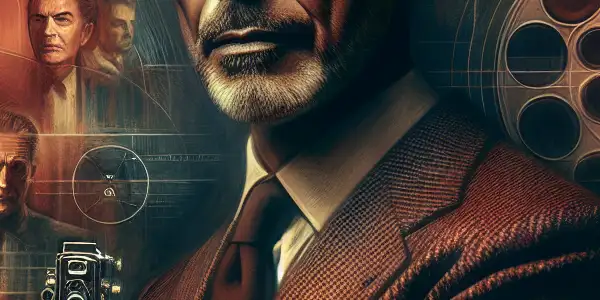 A charismatic portrait of Rocco Siffredi surrounded by film reels, symbolizing his influence in the adult film industry.