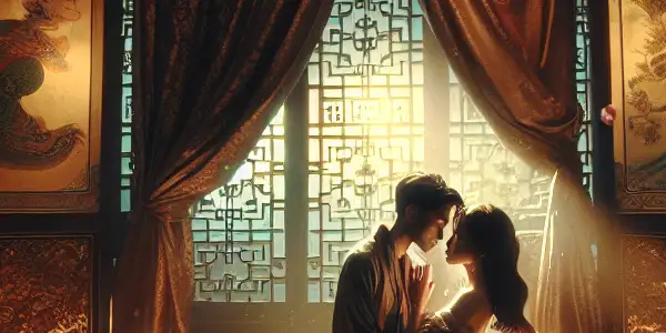 A passionate couple embraces in a dimly lit, intimate room adorned with traditional Chinese decor and cherry blossom petals.