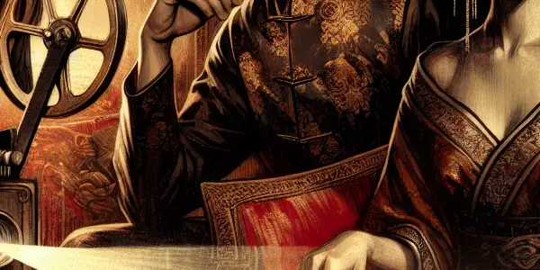 A sultry film set featuring elegant Asian actors in sensual attire, illuminated by a vintage projector amidst opulent decor.