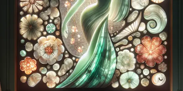 Intricately carved Hetian jade pieces intertwined with the human form, set against flowing silk and Eastern motifs.