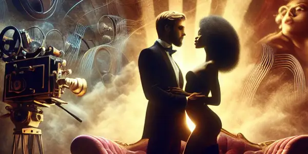 A passionate couple embraces on an opulent film set, surrounded by sensual decor and cinematic elements.