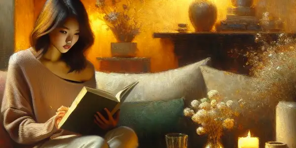 A woman in a cozy living room watches a film, embodying empowerment and introspection amidst warm, inviting decor.