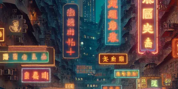 Vibrant Hong Kong street scene at night, bustling with crowds, neon signs, and a vintage cinema marquee.
