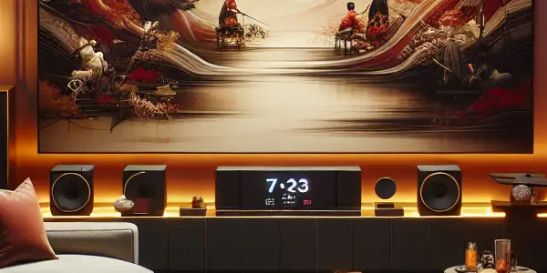 A cozy modern living room with ambient lighting, featuring an entertainment system displaying abstract adult themes and Japanese cultural decor.