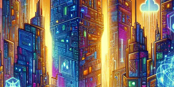 A vibrant futuristic cityscape featuring logos of adult sites, with diverse people exploring responsibly on holographic devices.