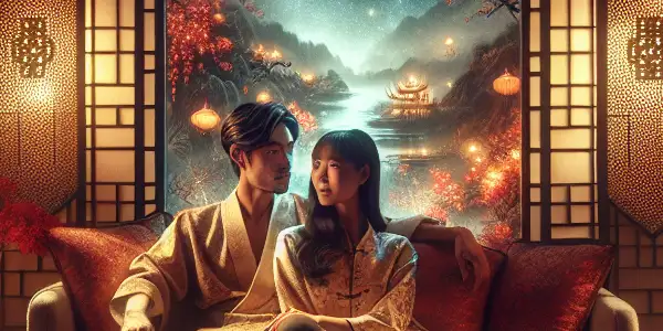 A romantic couple enjoys an intimate evening in a cozy, traditionally decorated room, with a starry night sky visible outside.
