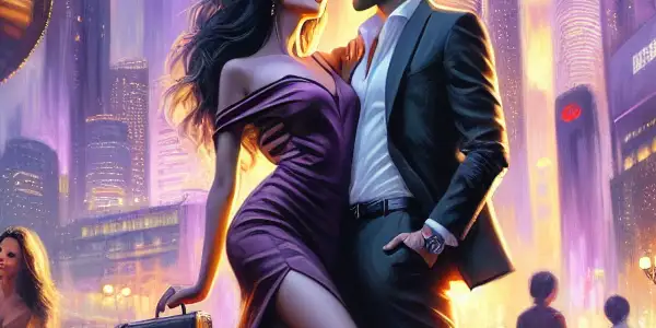 A romantic couple flirts in a lively cityscape at twilight, surrounded by modern Chinese architecture and vibrant street life.