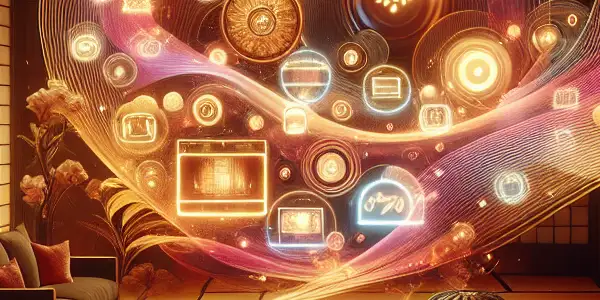 A luxurious, intimate room with elegant furnishings and abstract representations of adult entertainment themes in warm colors.