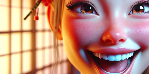 A joyful female character radiating self-satisfaction in a vibrant, culturally inspired setting.