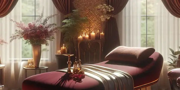 A luxurious massage room with a plush table, soft lighting, candles, and rose petals, evoking relaxation and intimacy.