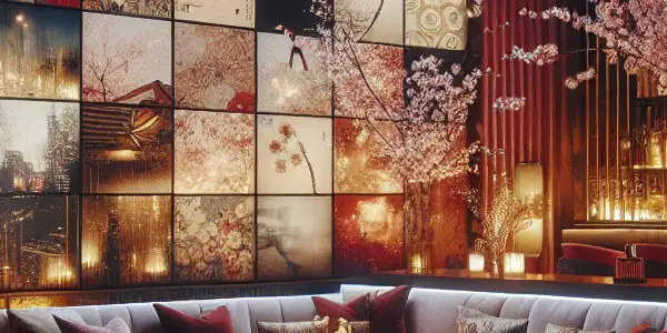 A cozy, intimate room featuring a plush sofa, soft lighting, and a large screen displaying abstract sensual imagery.