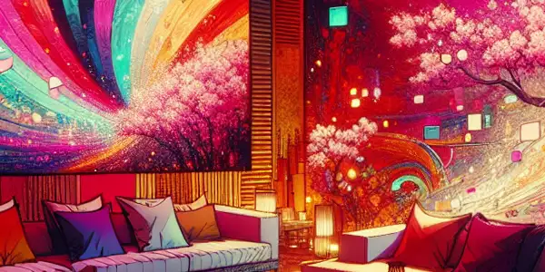 A modern living room with vibrant colors, abstract visuals, and Japanese cultural elements, evoking warmth and passion.