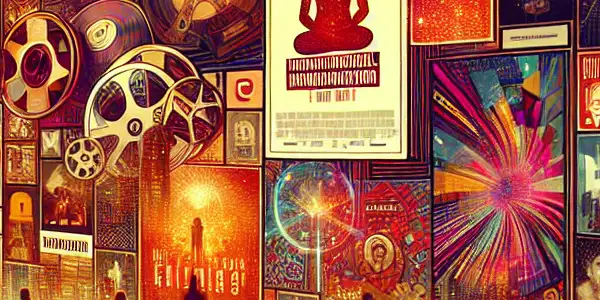 A vibrant urban scene showcasing diverse people engaging with enticing advertisements for Japanese adult films on WeChat.