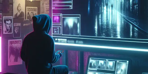 A hooded figure watches explicit video thumbnails in a dimly lit, tech-savvy underground environment.