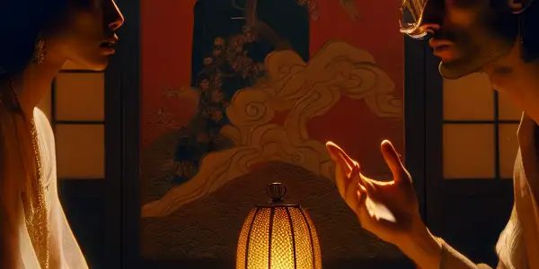 A couple in an intimate room explores passion and conflict, surrounded by soft lighting and hints of Japanese art.