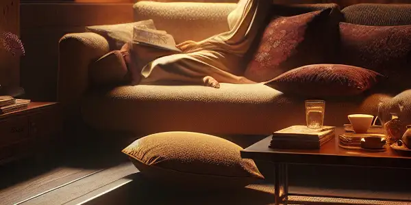 A cozy living room scene with a plush sofa, magazines, and a woman in a neighboring apartment, suggesting voyeuristic intrigue.