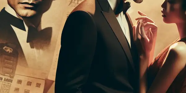 A stylish couple shares a passionate moment in a luxurious, dimly lit hotel room filled with vintage film elements.