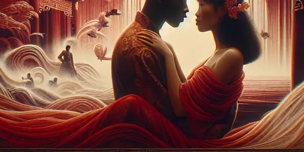 A vintage movie theater scene showcasing a romantic moment between a couple on screen, with captivated audience members.