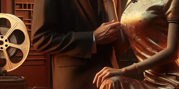 A passionate couple in a vintage setting, surrounded by elegant Oriental decor and cinematic elements.