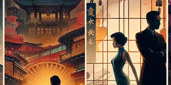 A cinematic scene blending classic and modern Hong Kong erotic cinema with Eastern motifs and sensual silhouettes.