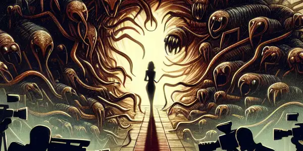 A dark, mysterious scene depicting shadowy insects and a dim film set, symbolizing the invasive nature of gossip.