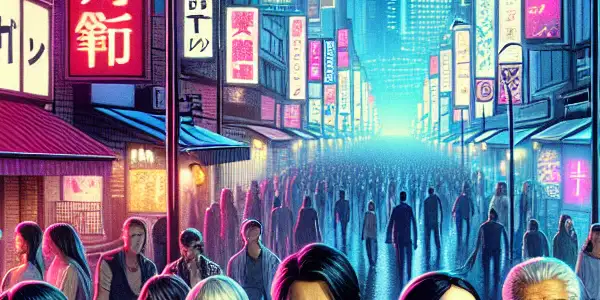 A vibrant urban nightlife scene featuring diverse characters embodying desire, with neon lights and modern technology elements.