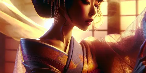 A stunning female performer in a vibrant, intimate Japanese setting, exuding passion and allure during a captivating performance.