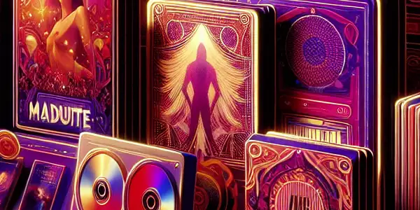 A vibrant digital marketplace showcasing adult film products with enticing thumbnails and a sophisticated, playful atmosphere.